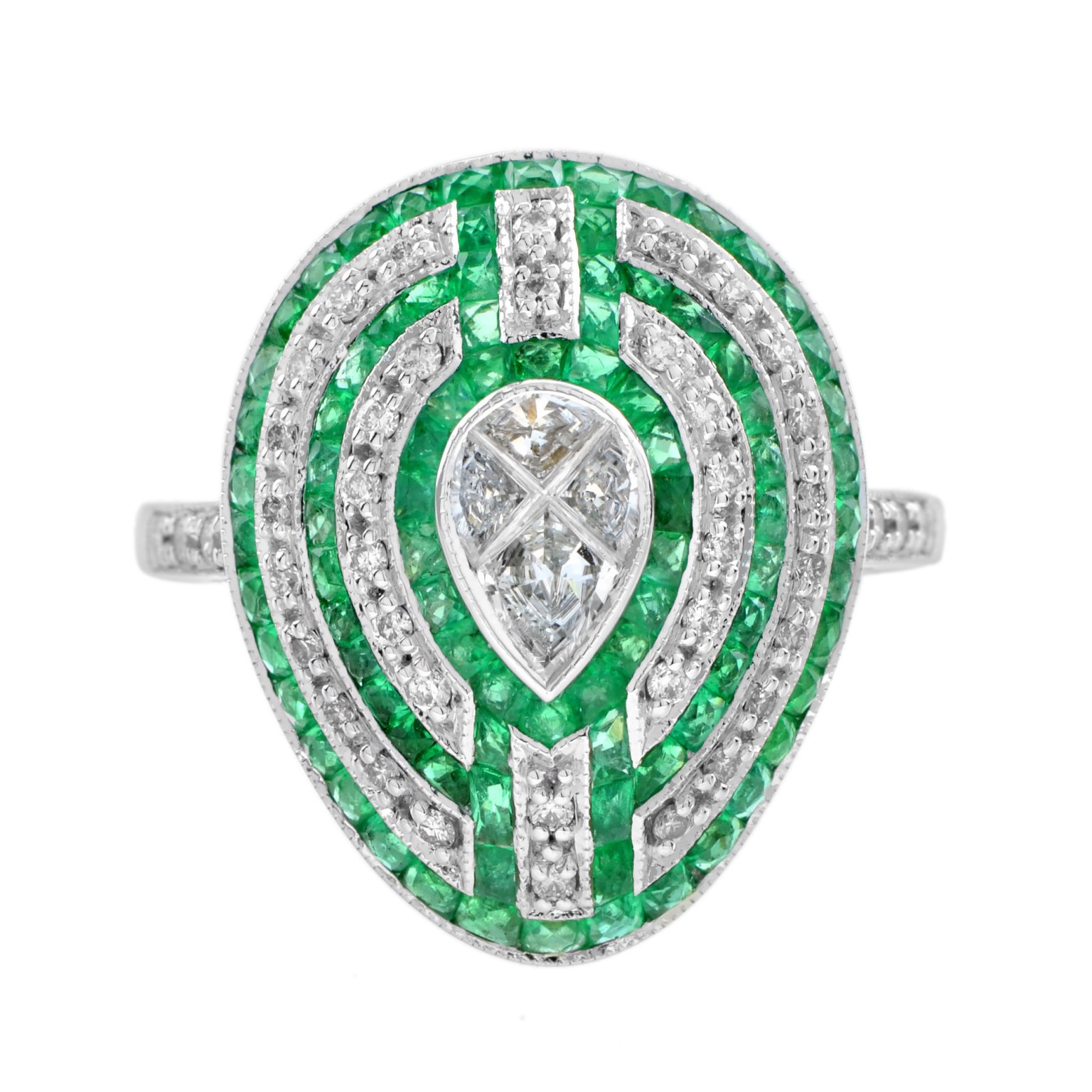 Pear Diamond and Emerald Art Deco Style Engagement Ring