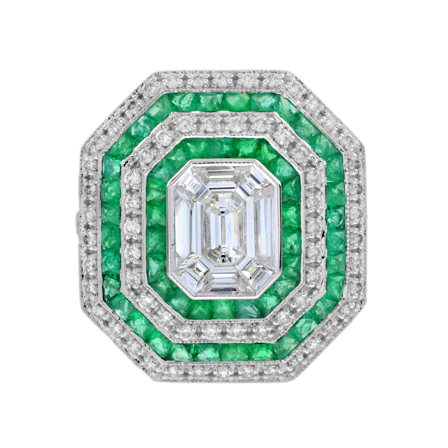 0.79 Ct. Emerald Cut Diamond and Emerald Art Deco Style Halo Ring