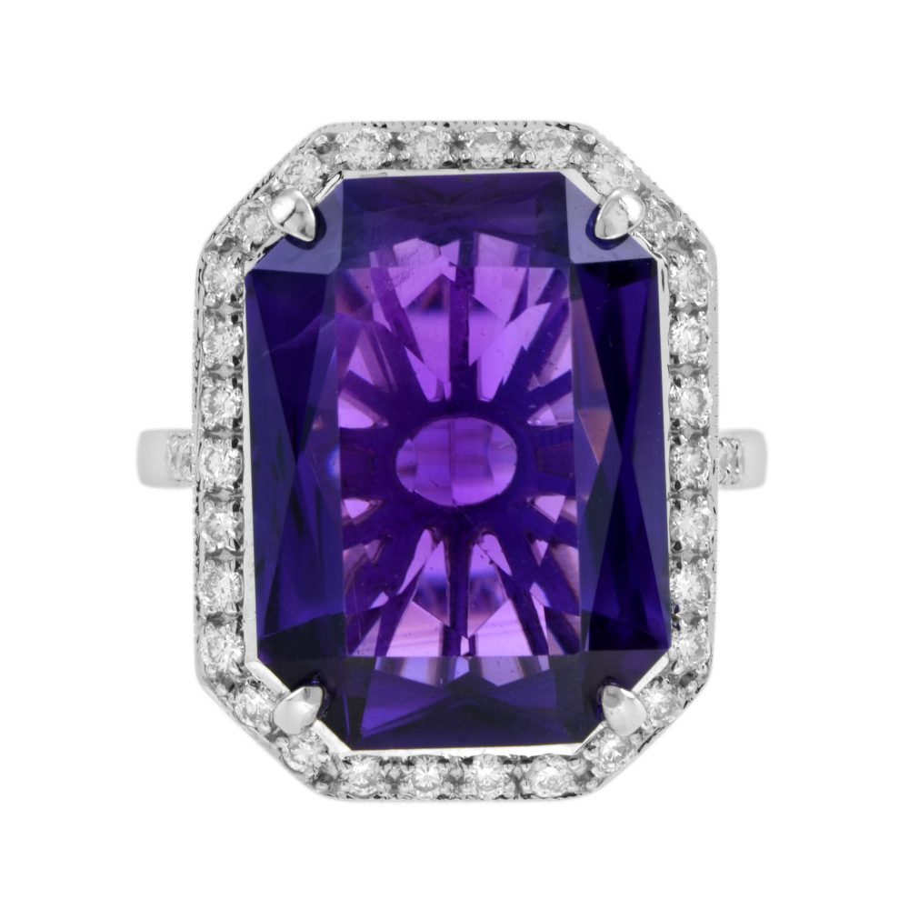 11.75 Ct. Emerald Cut Certified Amethyst and Diamond Halo Art Deco Style Ring