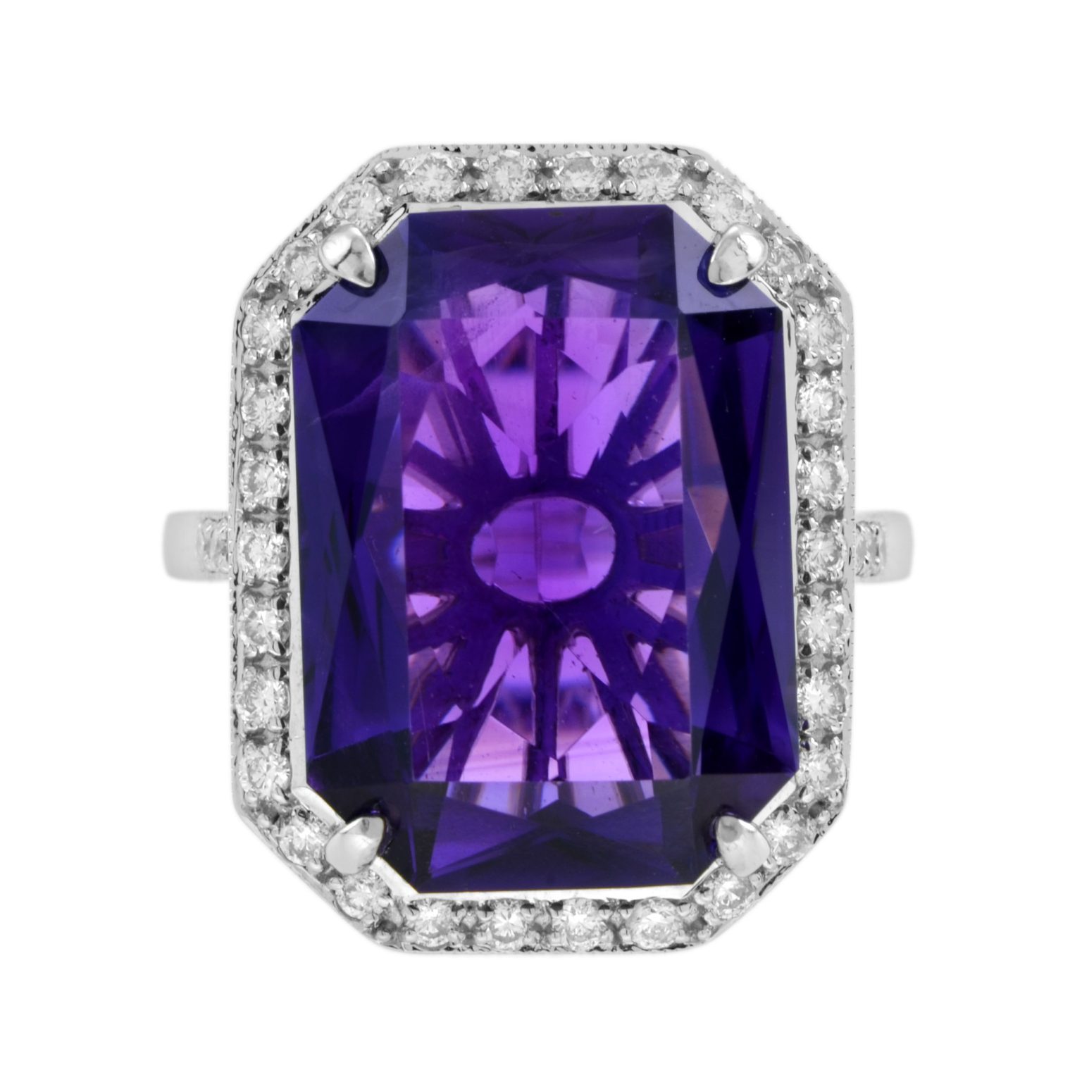 11.75 Ct. Emerald Cut Certified Amethyst and Diamond Halo Art Deco Style Ring
