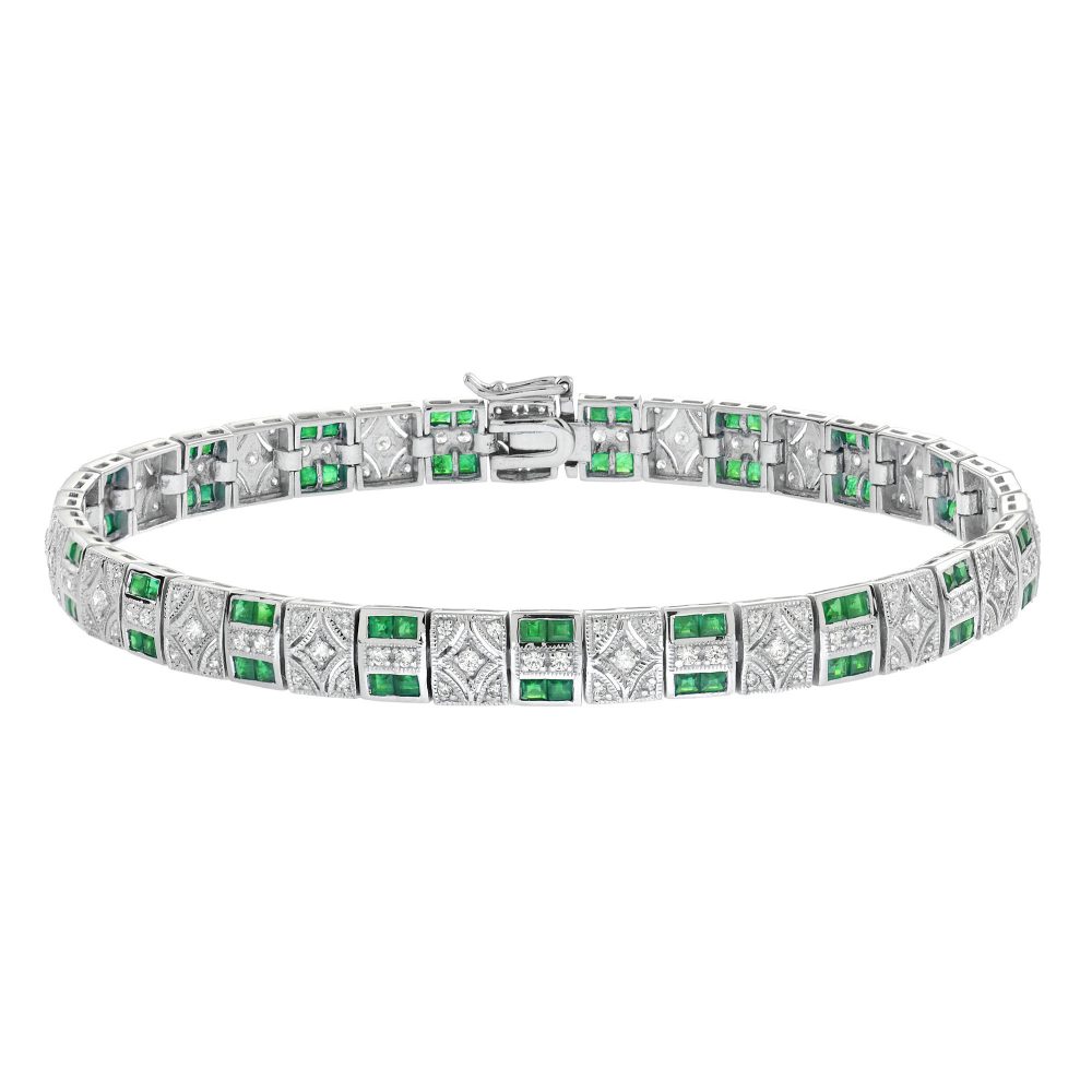 French Cut Emerald and Diamond Art Deco Style Link Bracelet