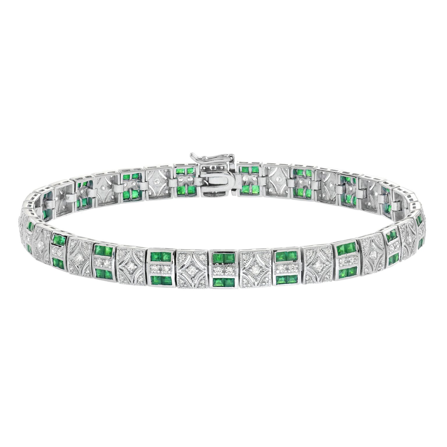 French Cut Emerald and Diamond Art Deco Style Link Bracelet