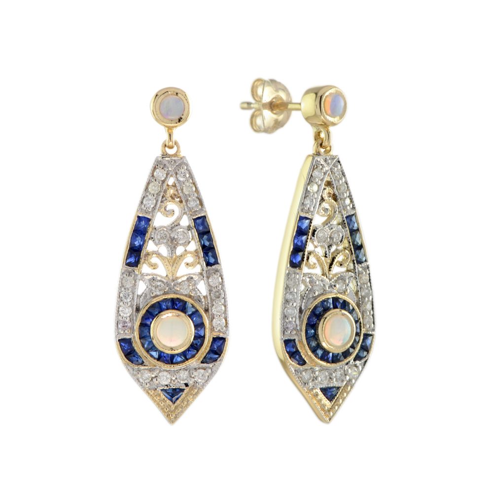 Opal Sapphire Diamond Art Deco Style Drop Earrings