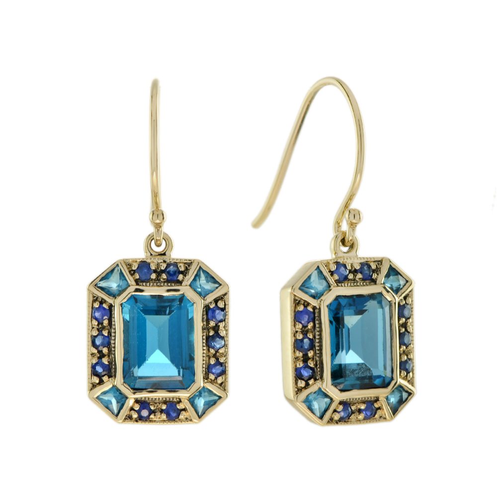 London Blue Topaz and Sapphire Art Deco Style Drop Earrings
