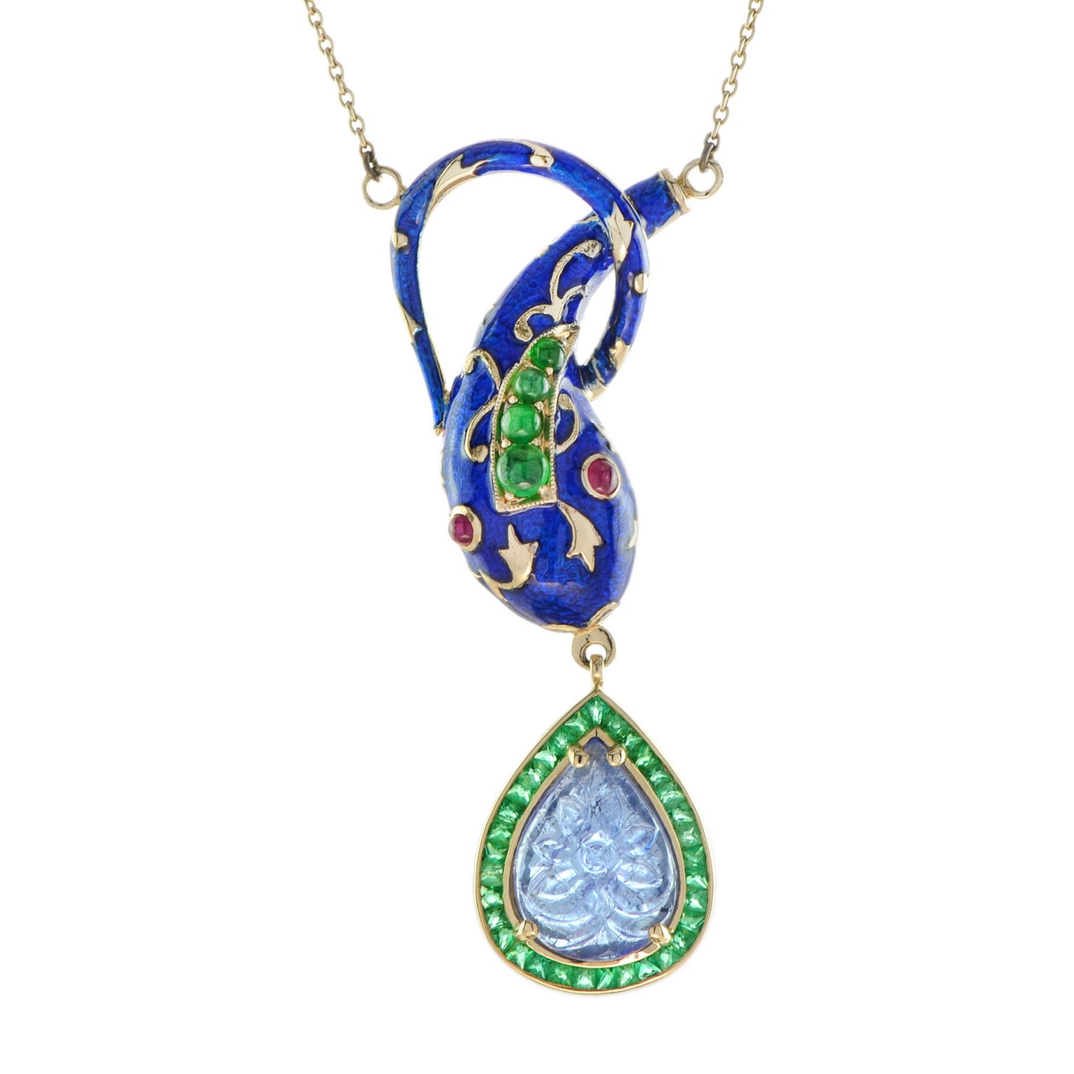Carved Tanzanite Emerald Ruby Enamel Snake Necklace