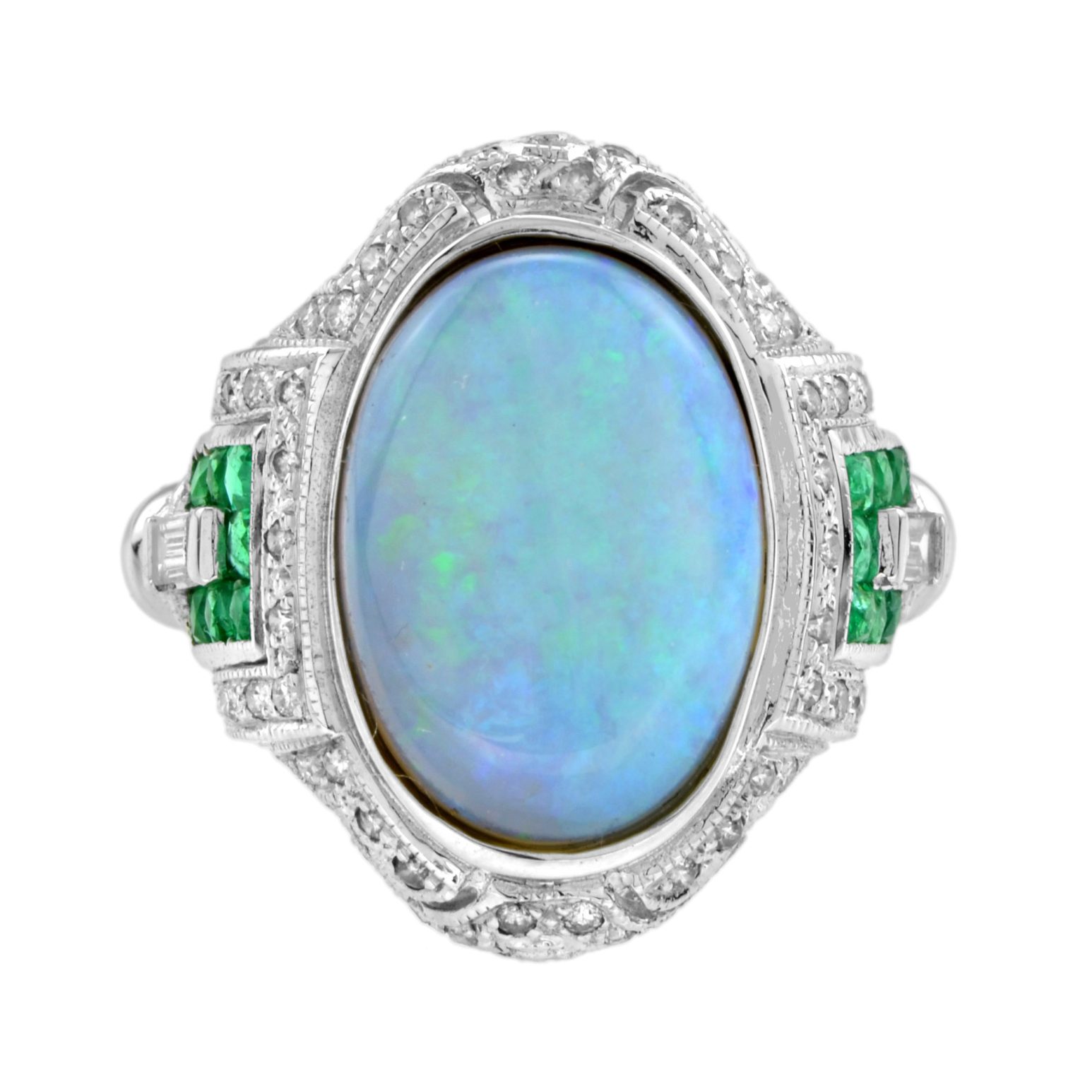 Opal with Emerald and Diamond Antique Style Cocktail Ring