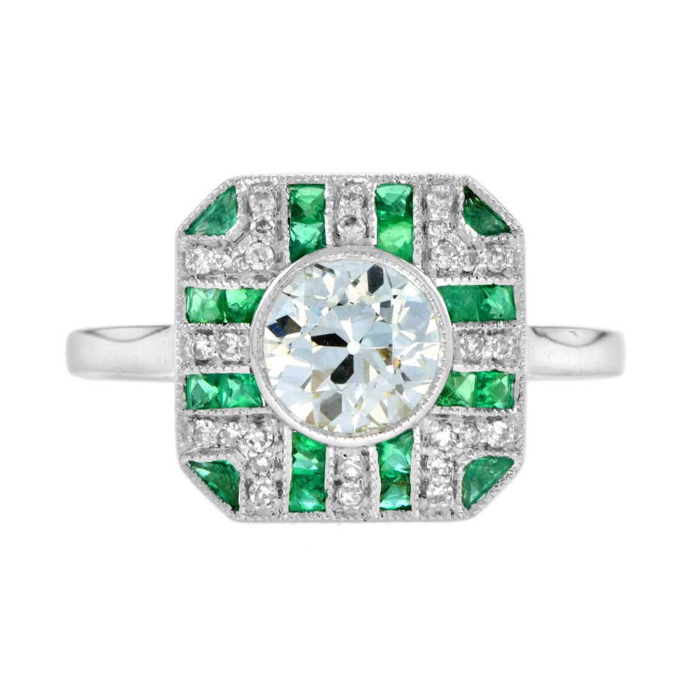 GIA Round Diamond with Emerald Art Deco Style Engagement Ring