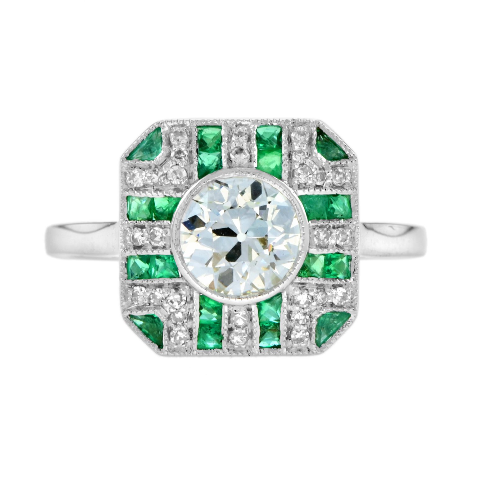 GIA Round Diamond with Emerald Art Deco Style Engagement Ring