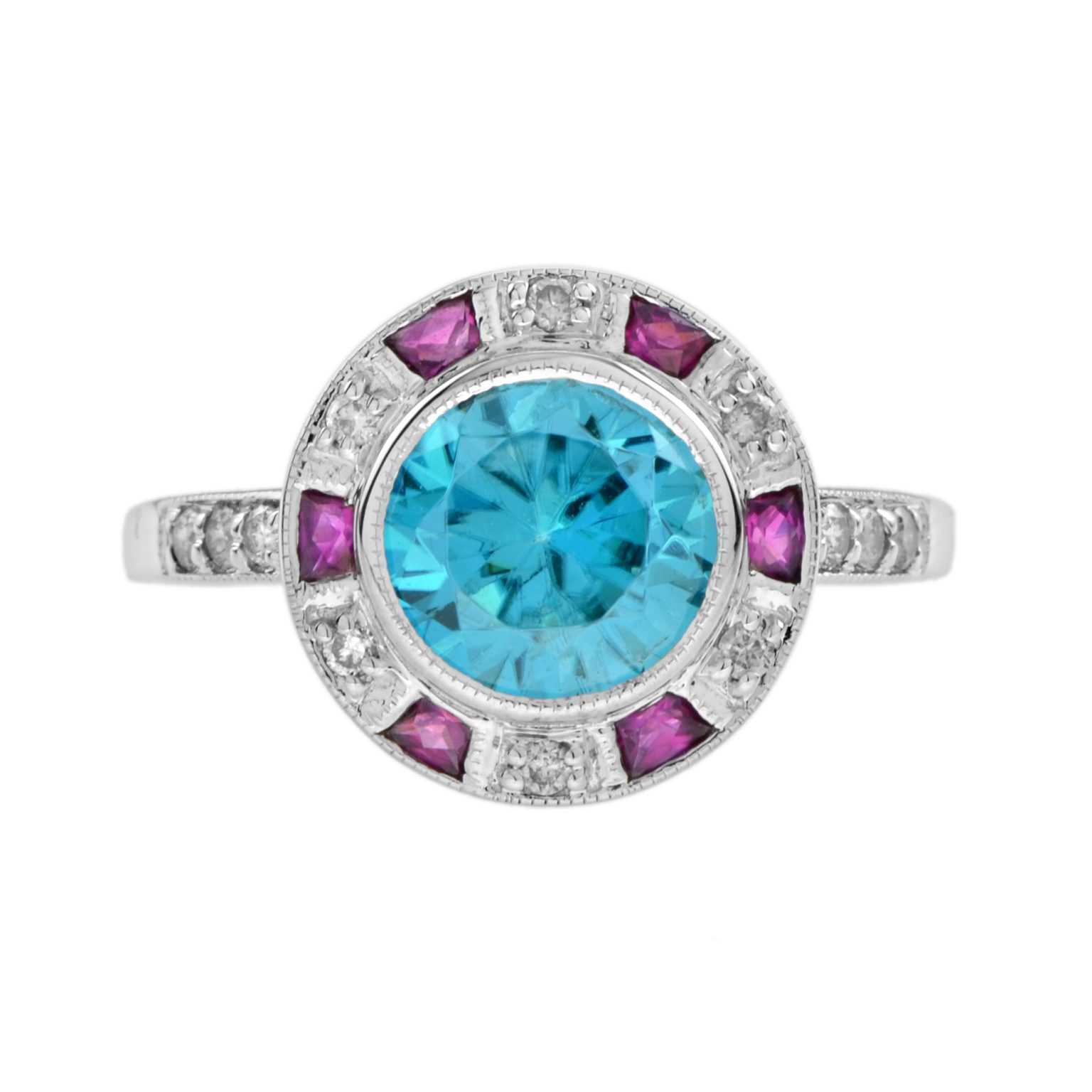 Certified Blue Zircon with Diamond Ruby Art Deco Style Engagement Ring