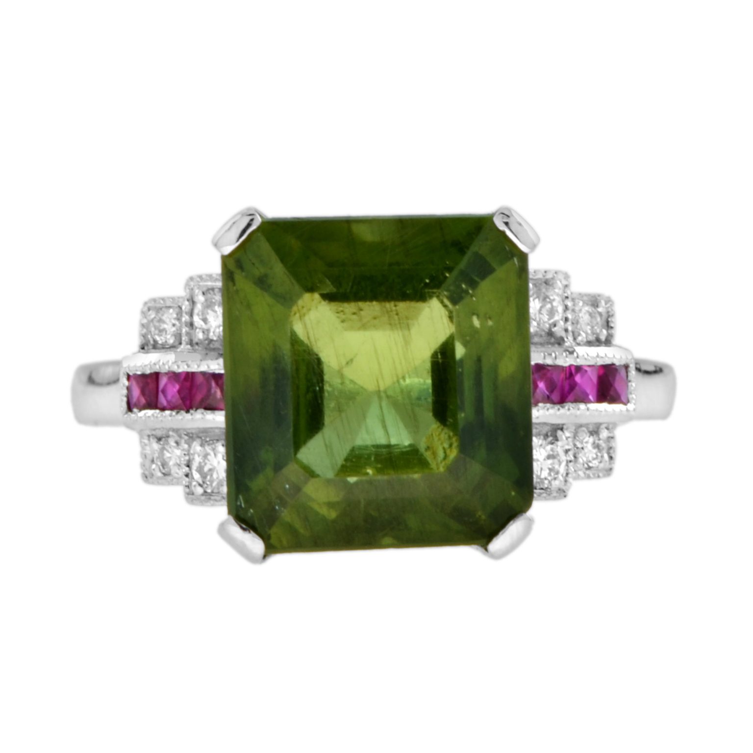 Certified Green Apatite with Diamond Ruby Art Deco Style Ring