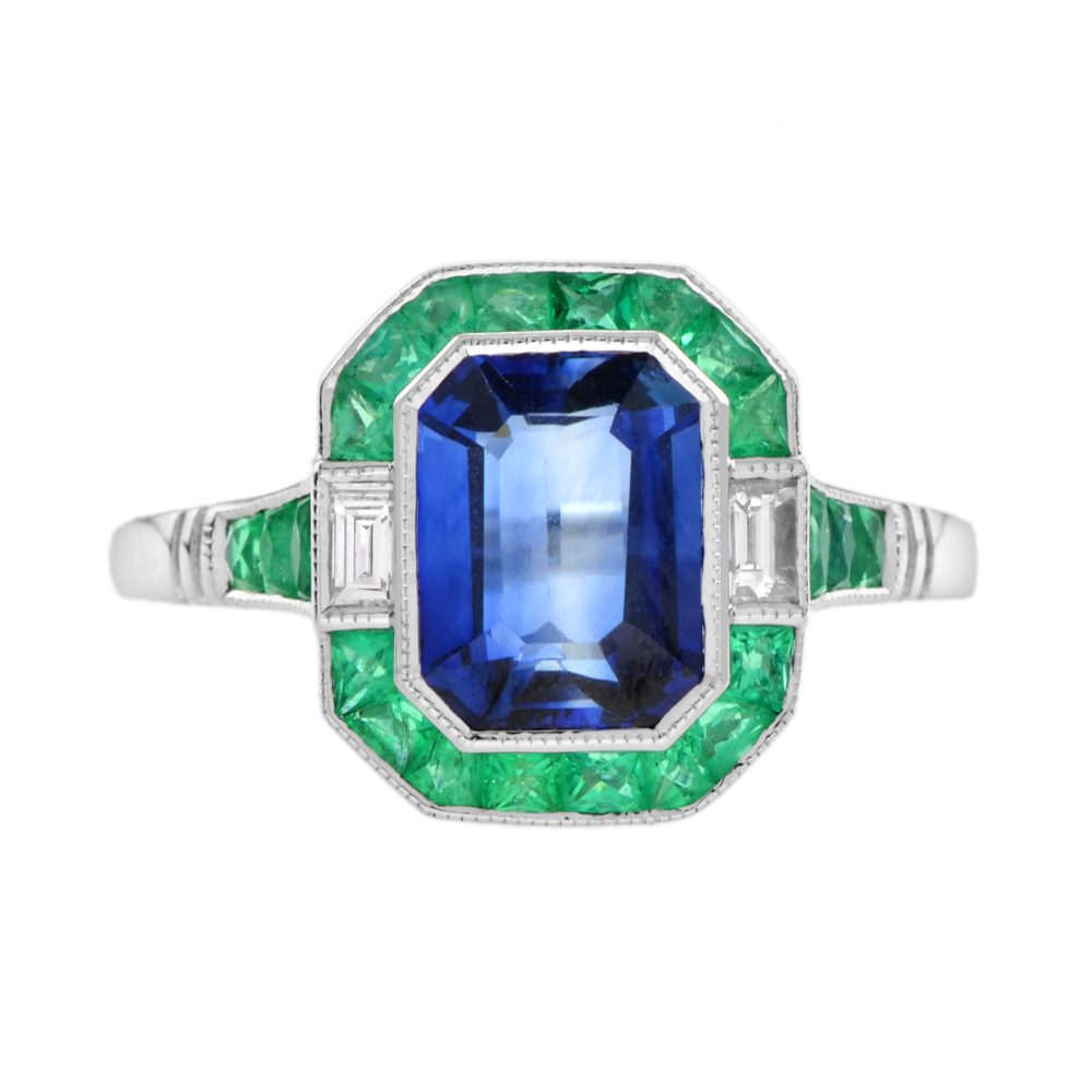 Emerald Cut Ceylon Sapphire with Emerald Halo and Diamond Art Deco Style Ring in