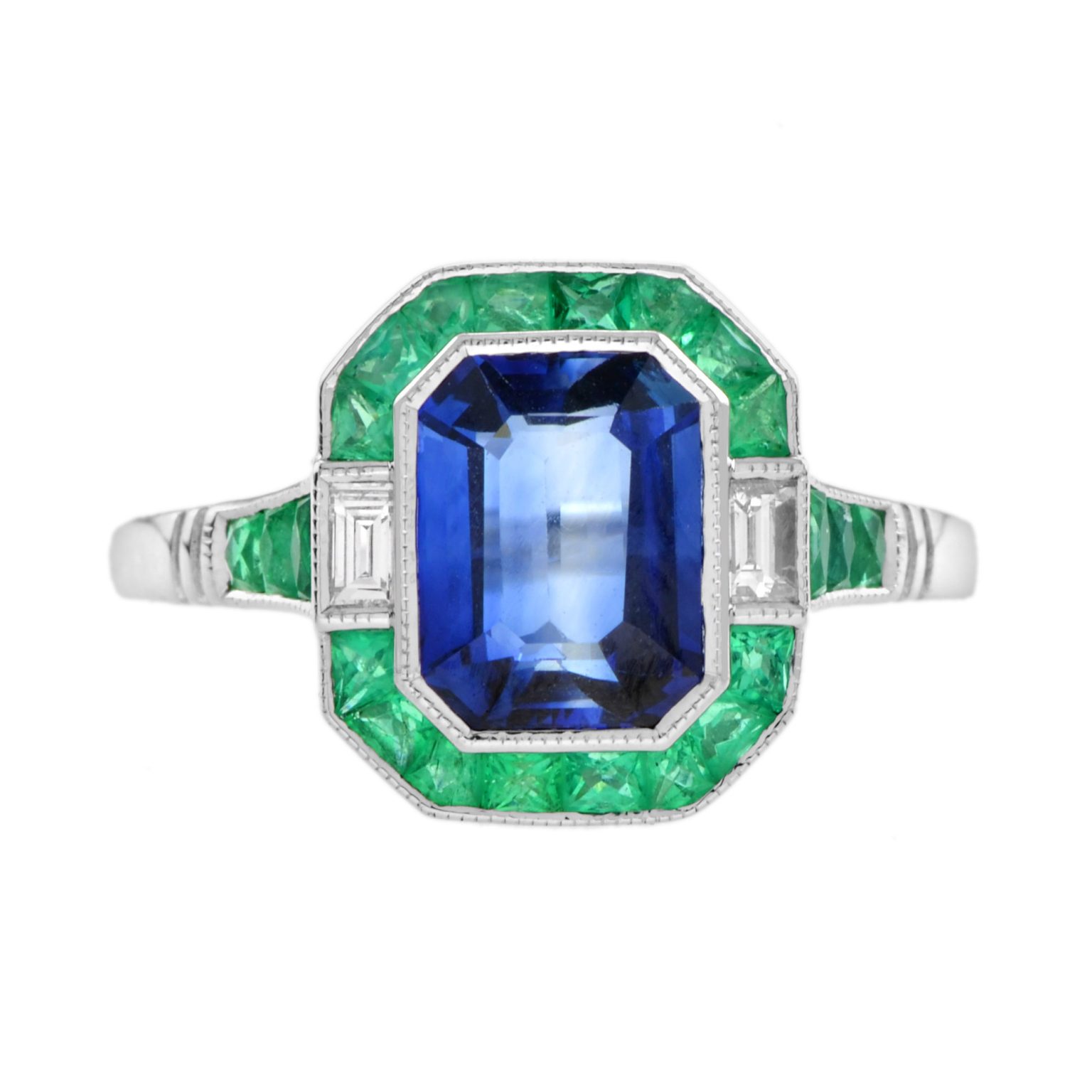 Emerald Cut Ceylon Sapphire with Emerald Halo and Diamond Art Deco Style Ring in