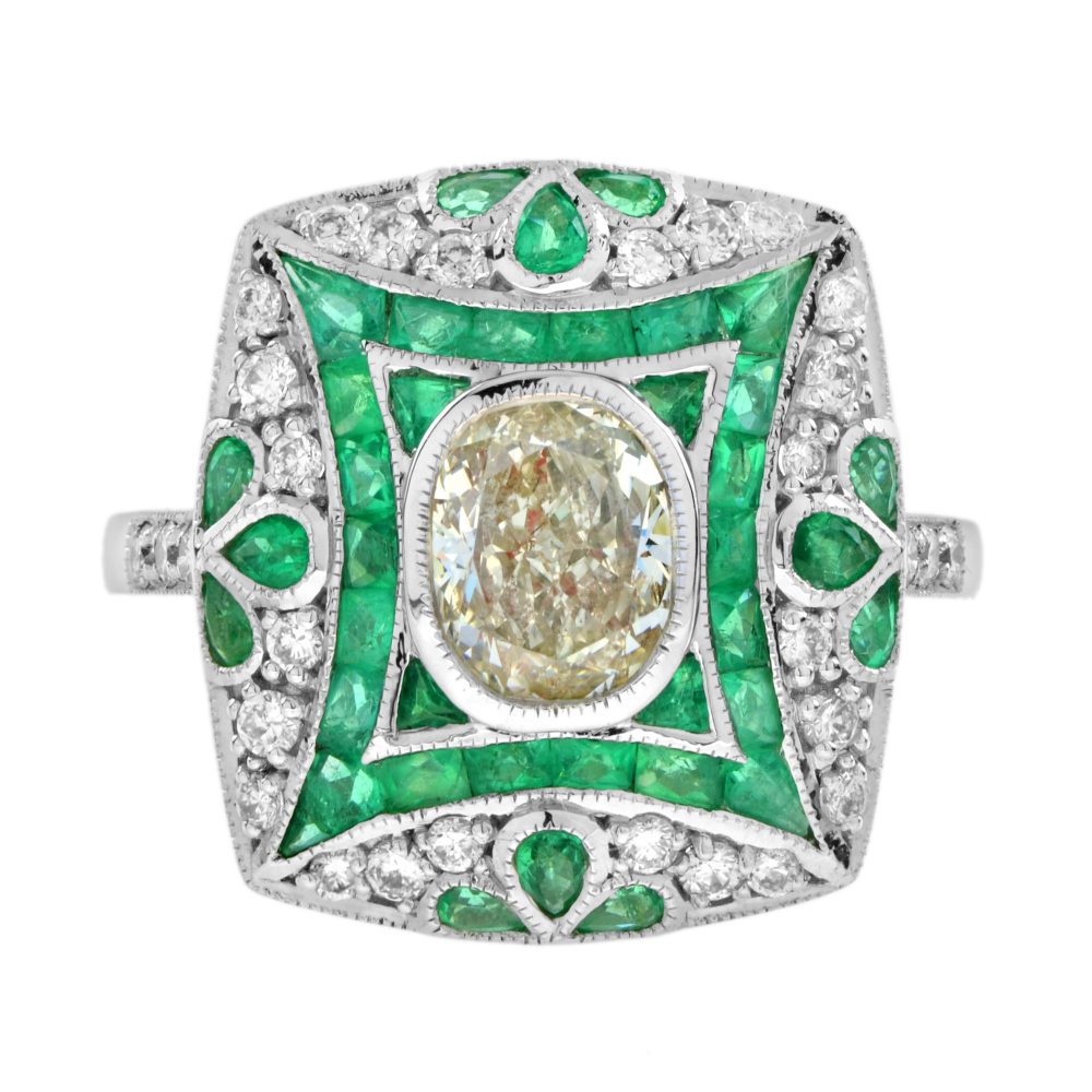Certified Diamond and Emerald Art Deco Style Engagement Ring