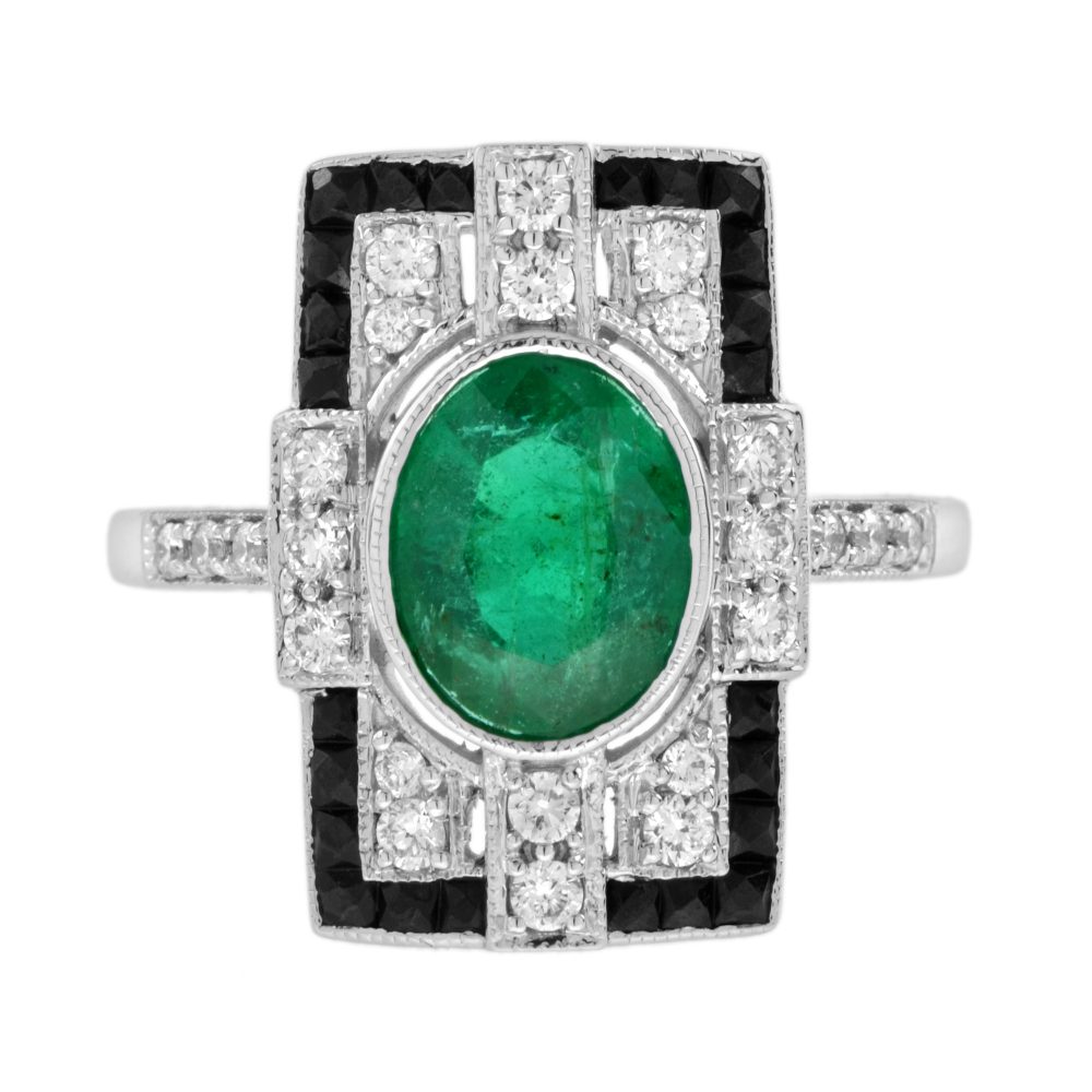 Oval Emerald with Diamond Onyx Rectangular Shape Ring