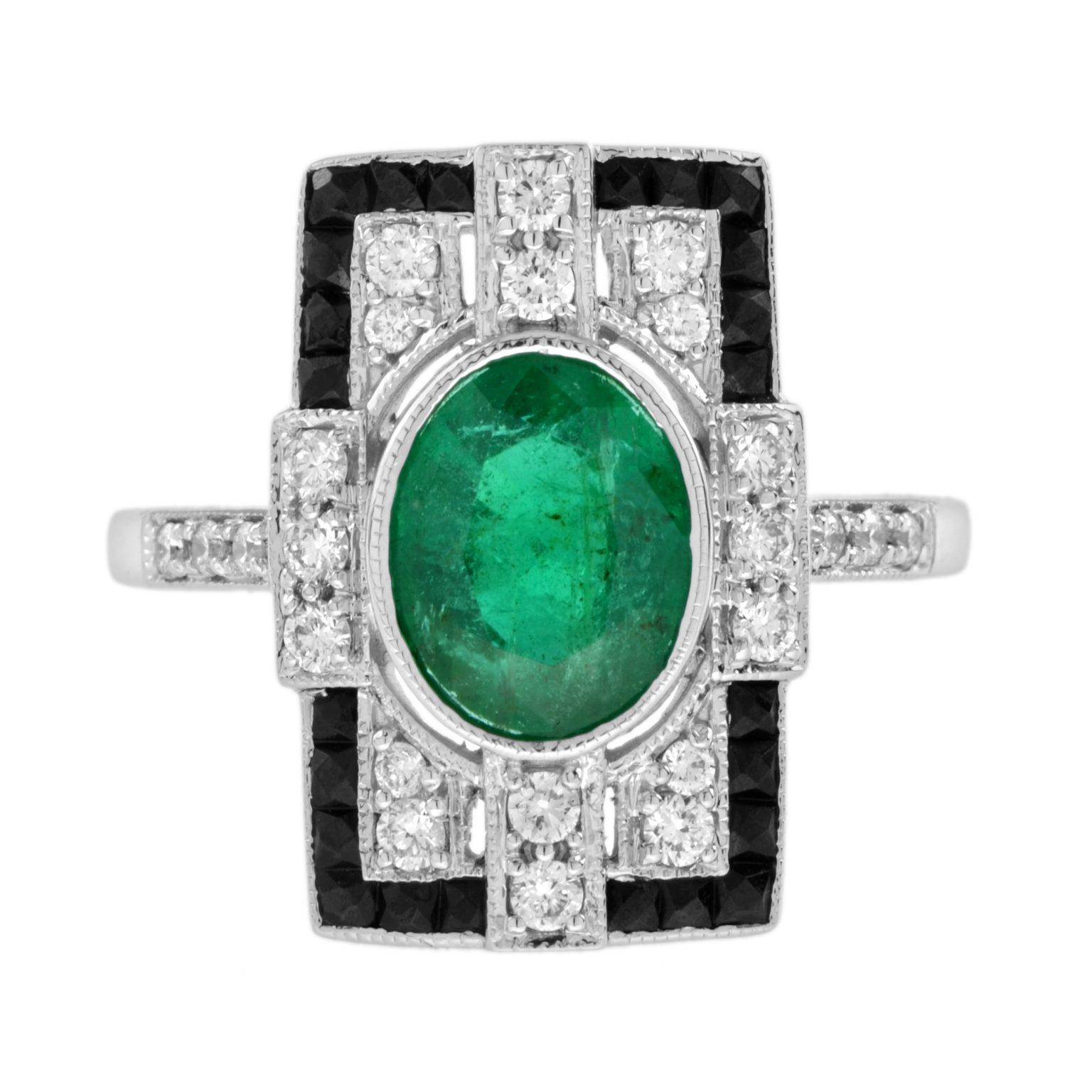 Oval Emerald with Diamond Onyx Rectangular Shape Ring