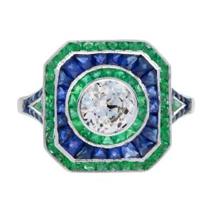 Old Cut GIA Diamond with Sapphire Emerald Engagement Ring