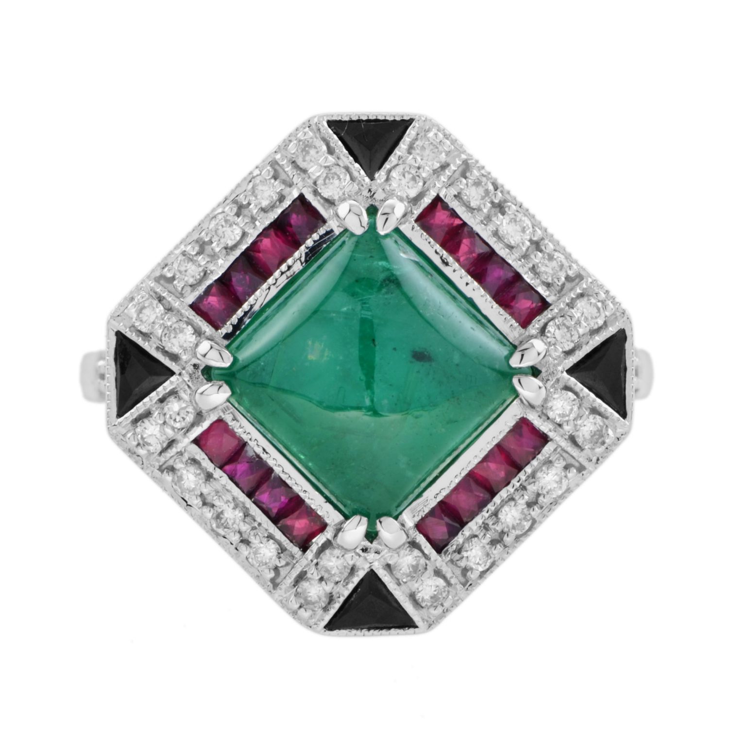 Cabochon Emerald with Ruby Diamond Onyx Halo Ring