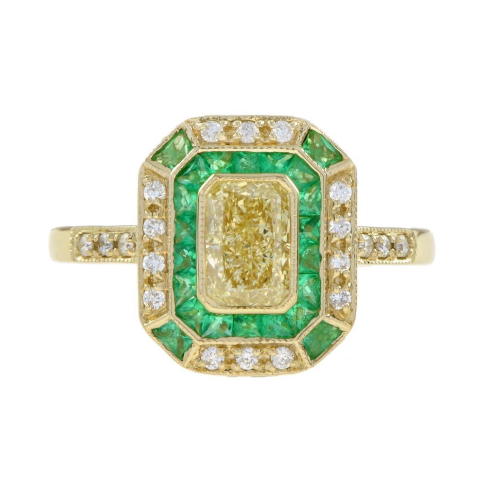 GIA Fancy Light Yellow Diamond with Emerald and Diamond Halo Art Deco Style Ring