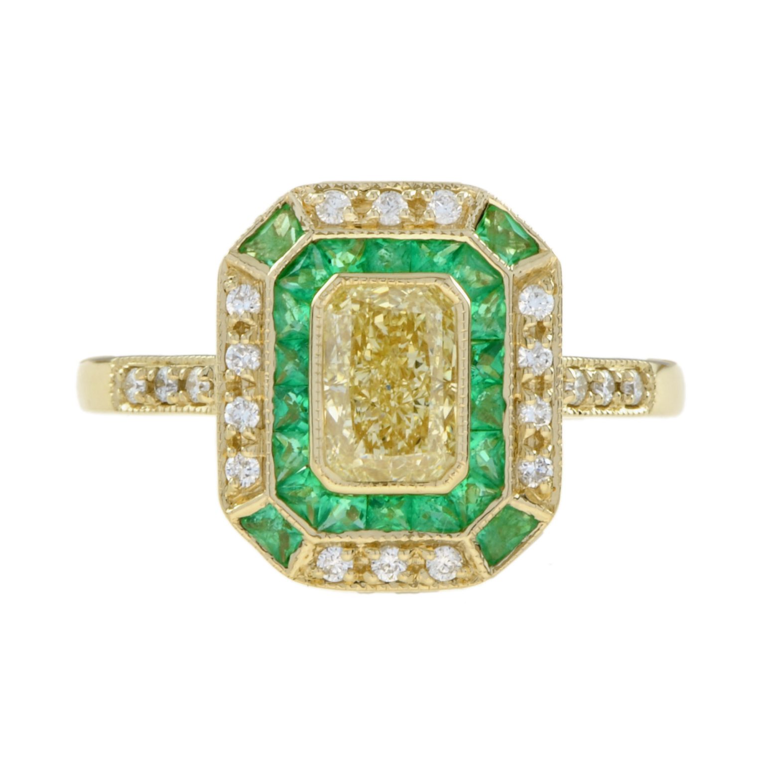 GIA Fancy Light Yellow Diamond with Emerald and Diamond Halo Art Deco Style Ring