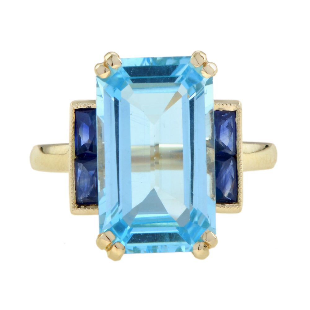Emerald Cut Blue Topaz and Sapphire Art Deco Style Solitaire Ring