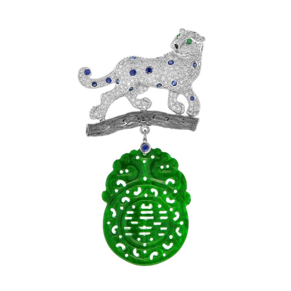 Carved Jade Diamond Sapphire Emerald Onyx Panther Brooch