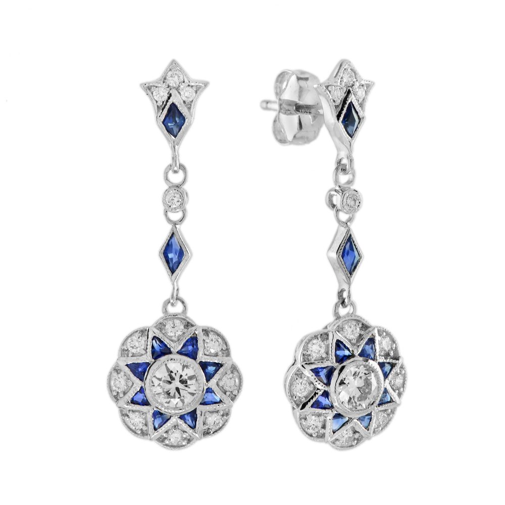 Diamond and Sapphire Art Deco Style Floral Dangle Earrings