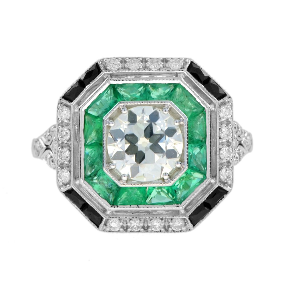 Old Cut GIA Diamond with Emerald Onyx Octagonal Shape Engagement