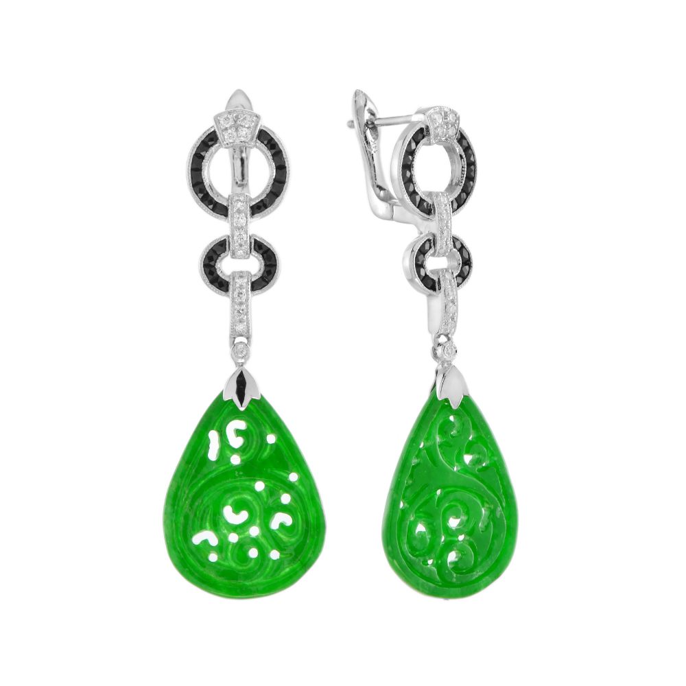 Carved Jade with Onyx Diamond Art Deco Style Dangle Earrings