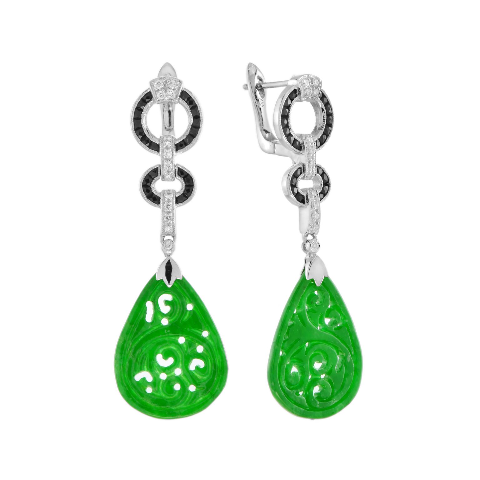 Carved Jade with Onyx Diamond Art Deco Style Dangle Earrings