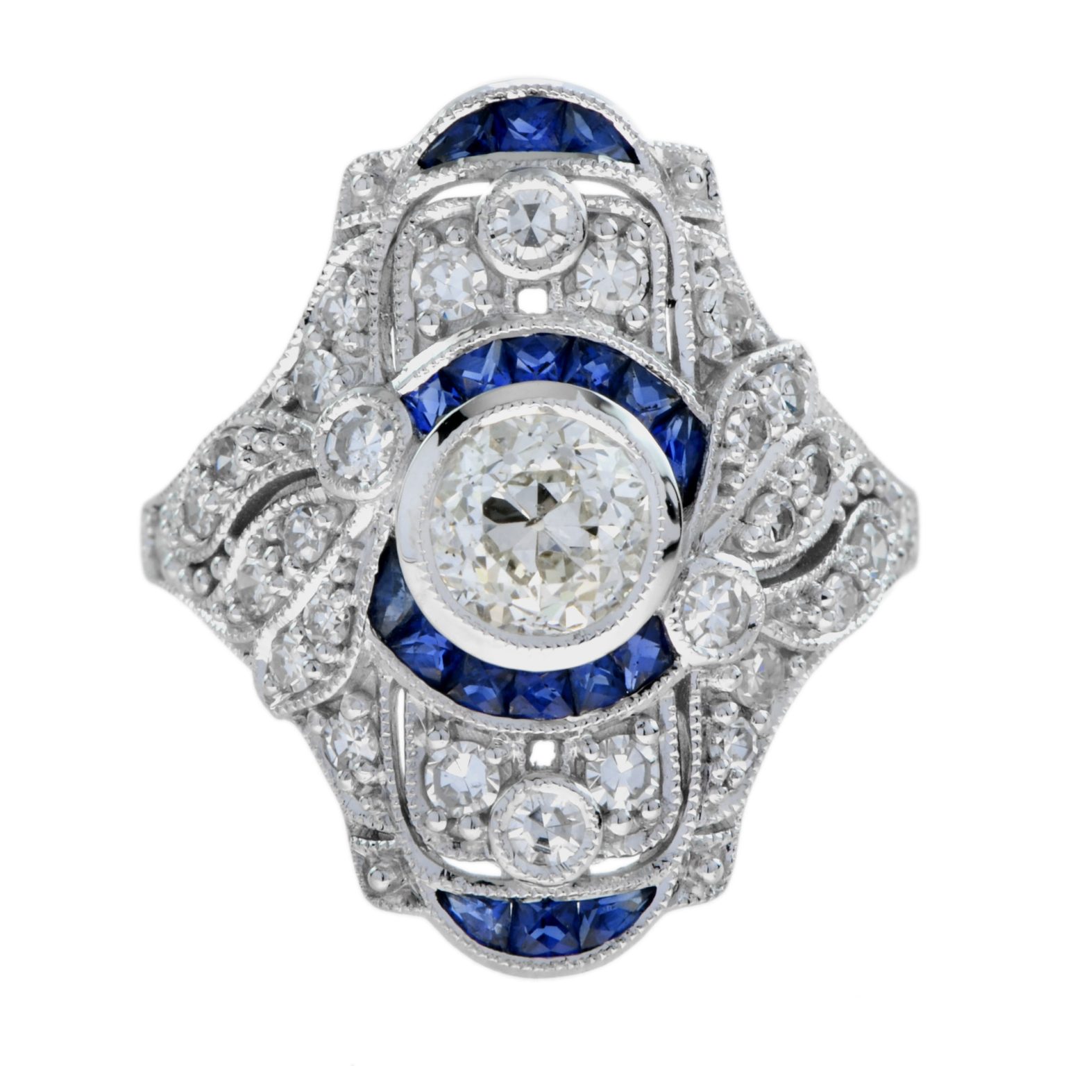 Old Cut GIA Diamond and Sapphire Art Deco Style Dinner Ring