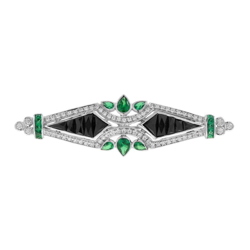 Diamond Emerald Onyx Art Deco Style Brooch