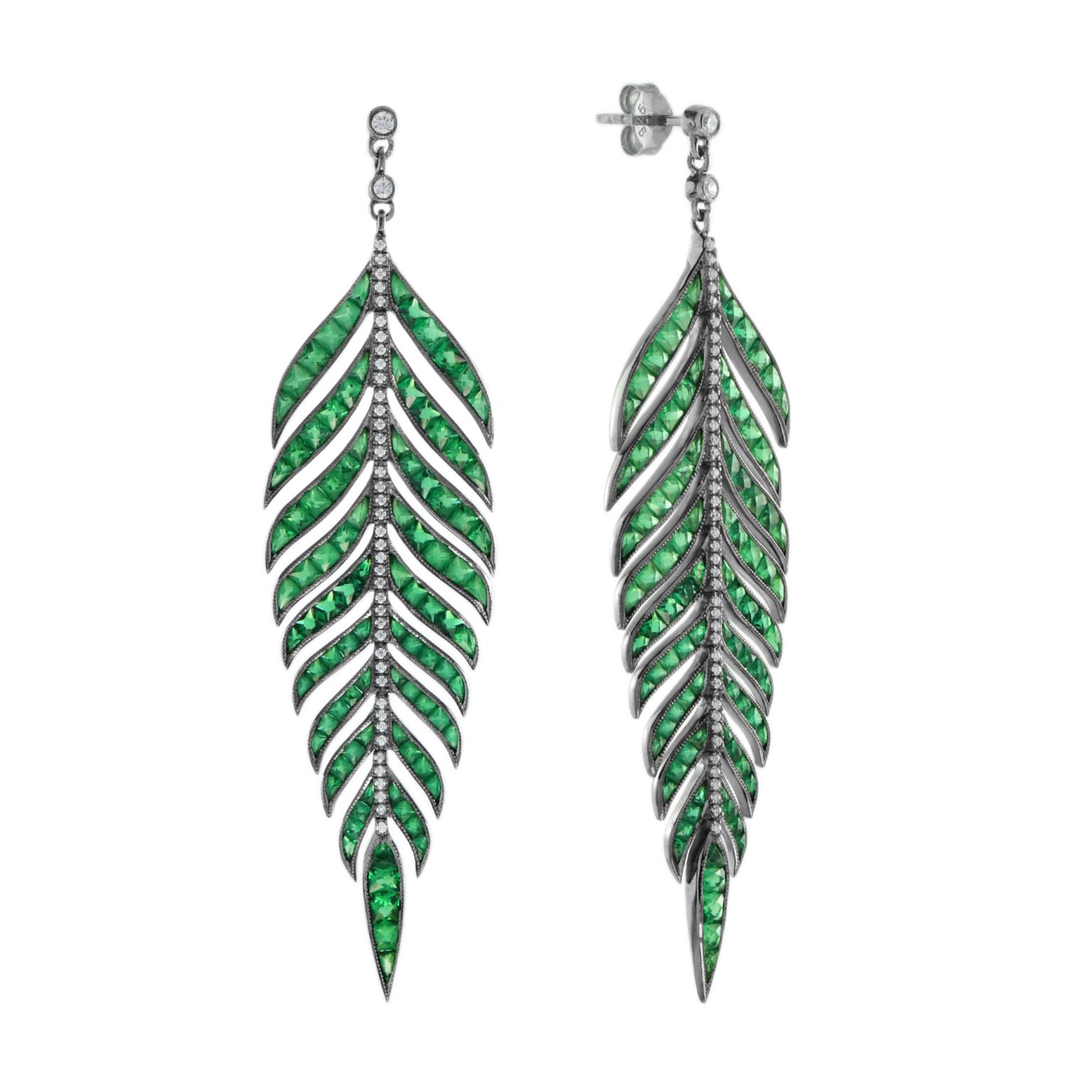 Green Emerald and Diamond Leaf Antique Style Dangle Earrings