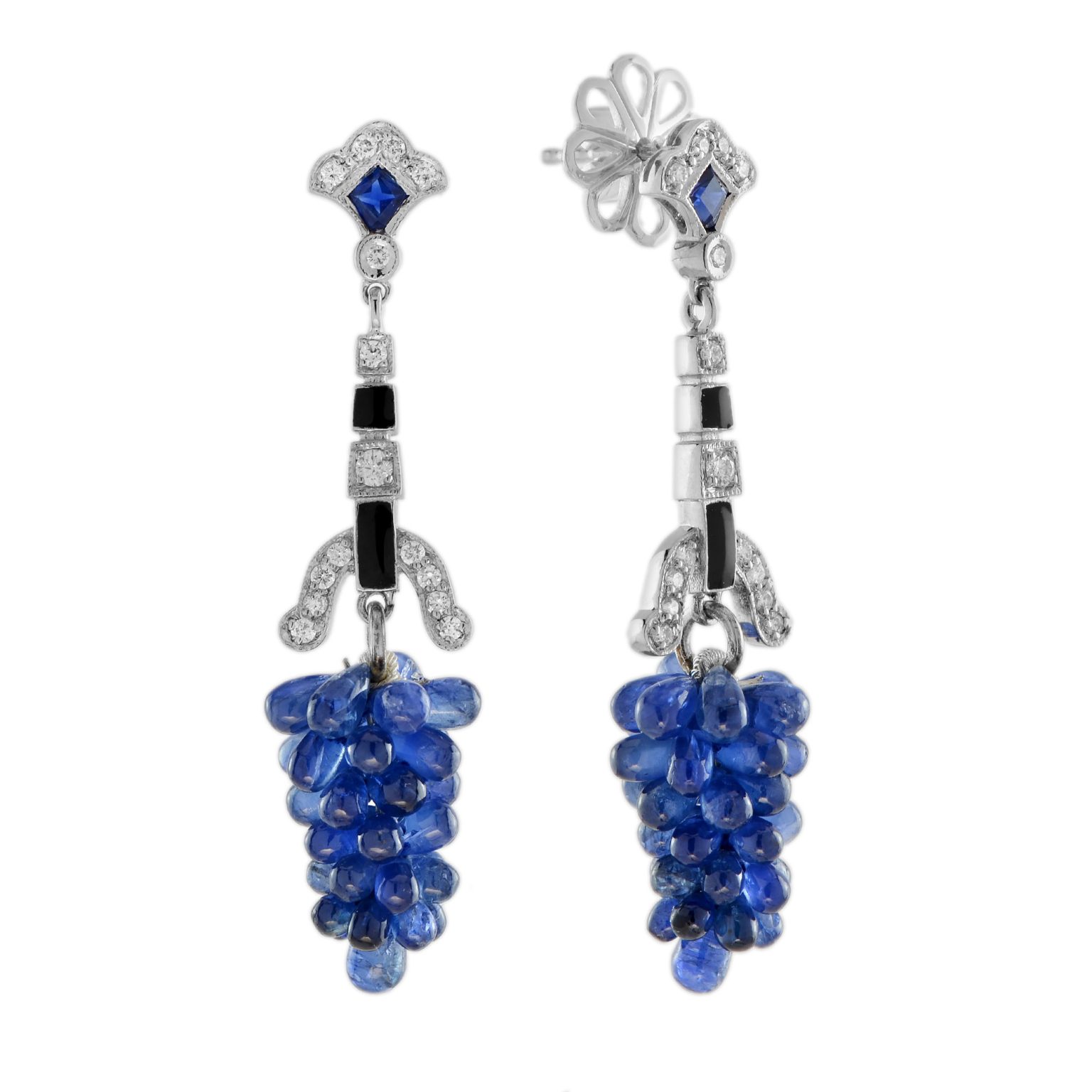 Blue Sapphire and Diamond Grape Cluster Dangle Earrings
