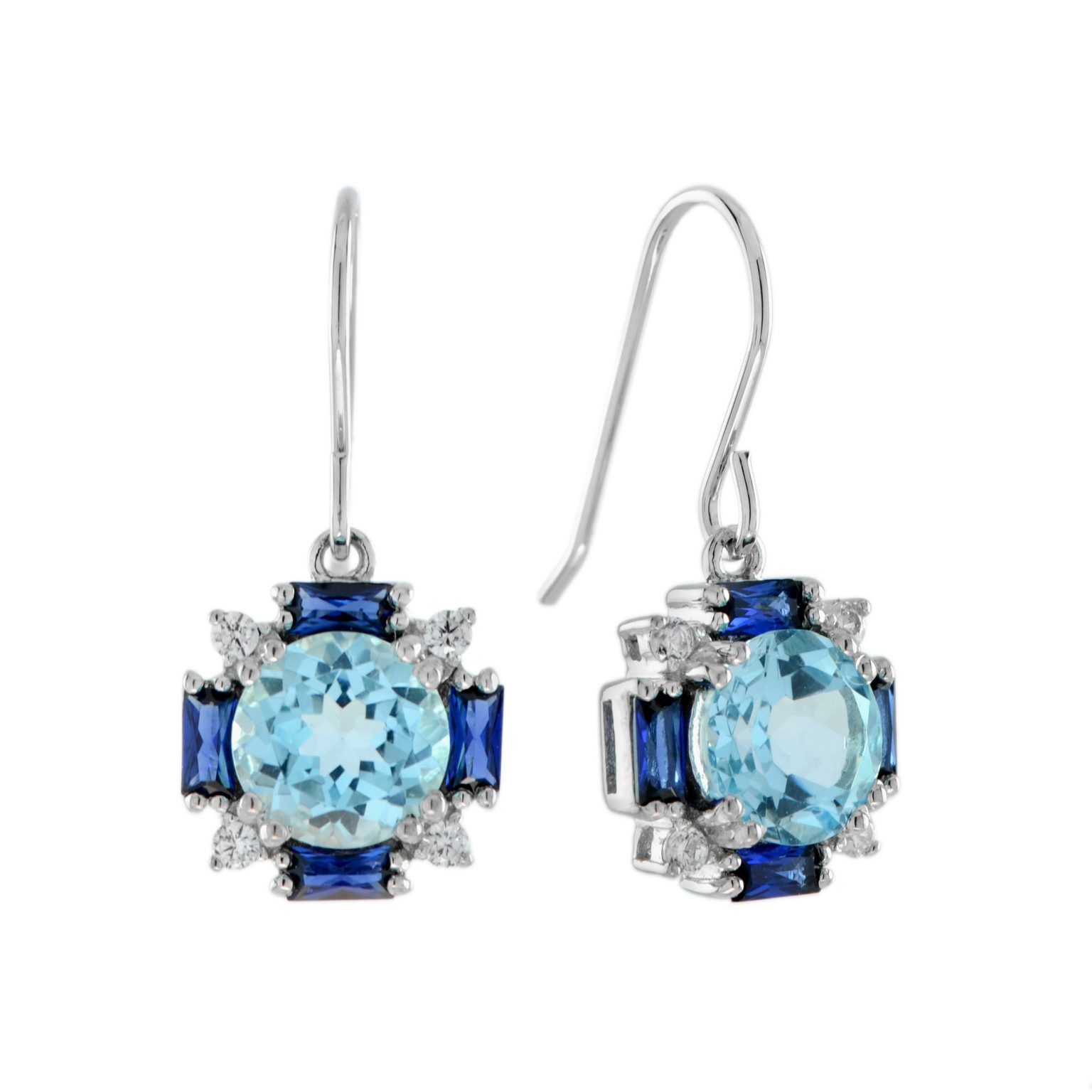 Blue Topaz with Sapphire and Diamond Vintage Style Dangle Earrings