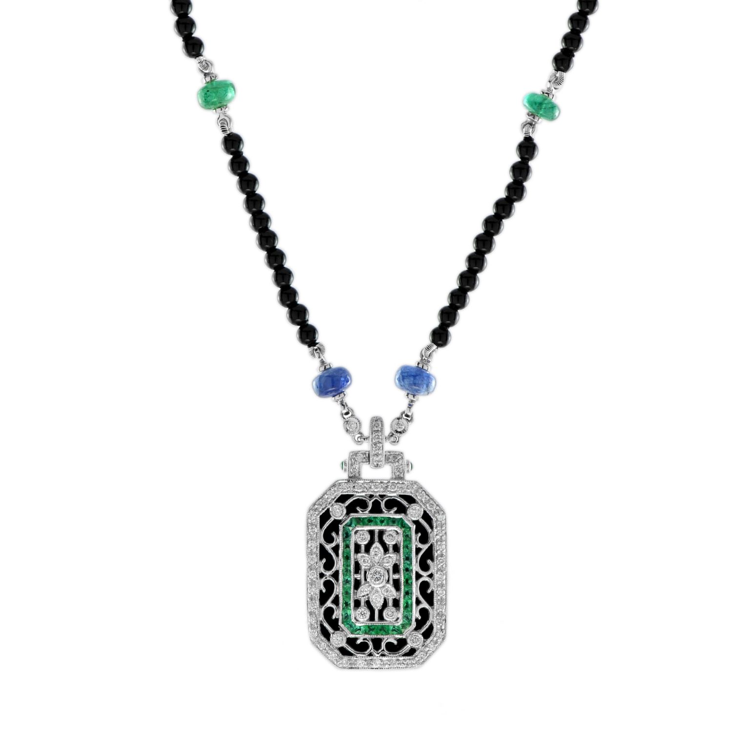 Black Onyx Emerald Sapphire Diamond Art Deco Style Bead Necklace