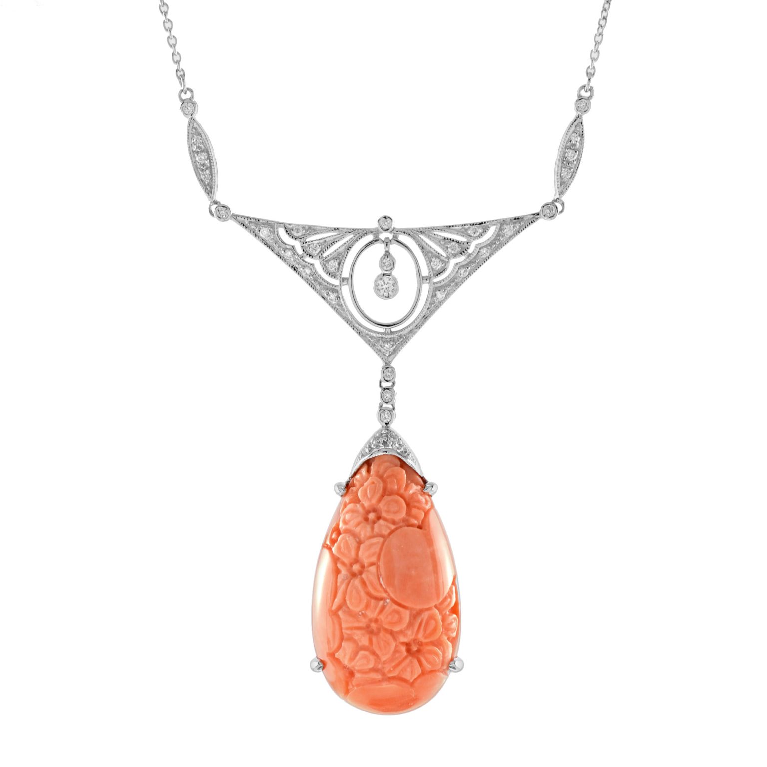 Carved Coral and Diamond Antique Style Necklace