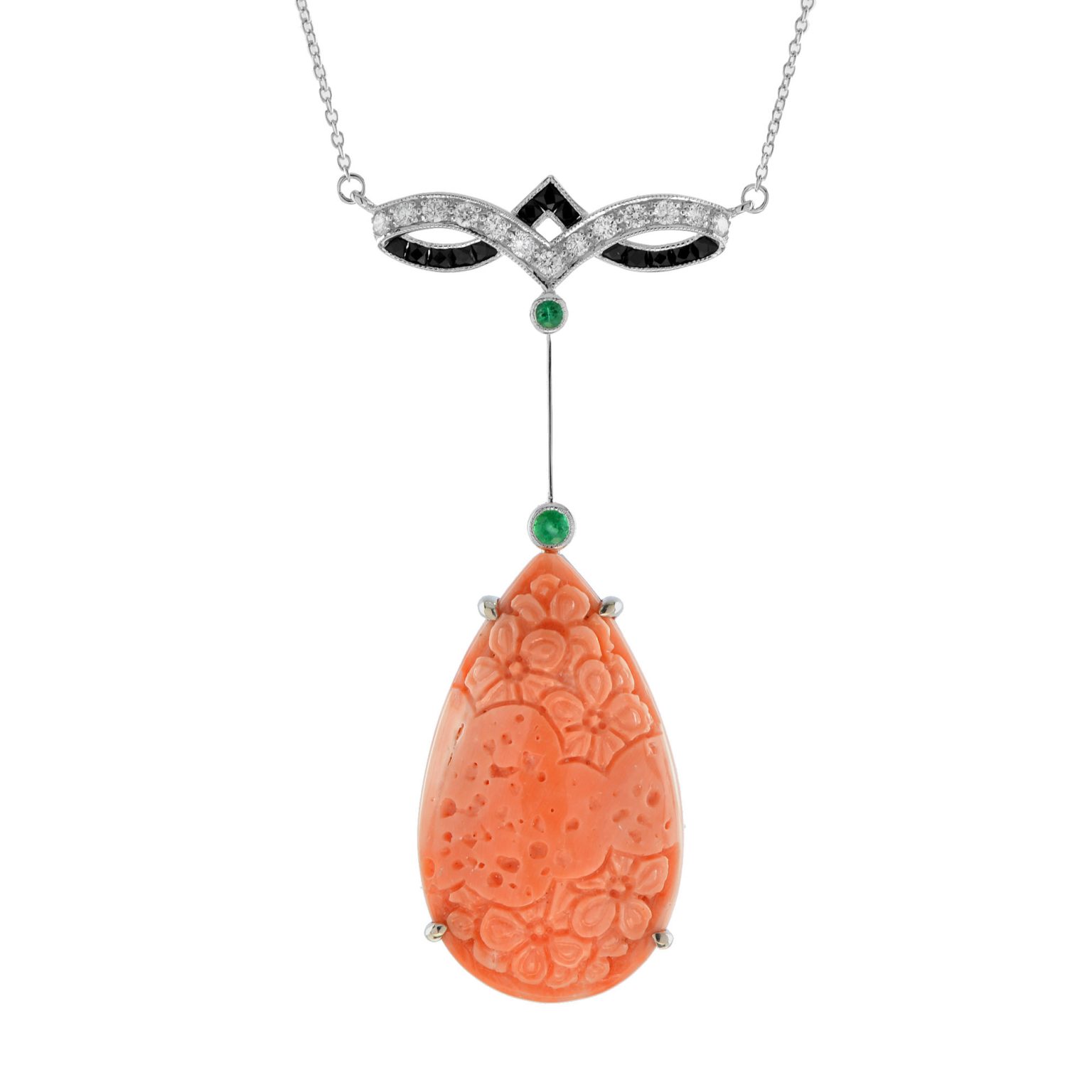Carved Coral Diamond and Emerald Art Deco Style Necklace