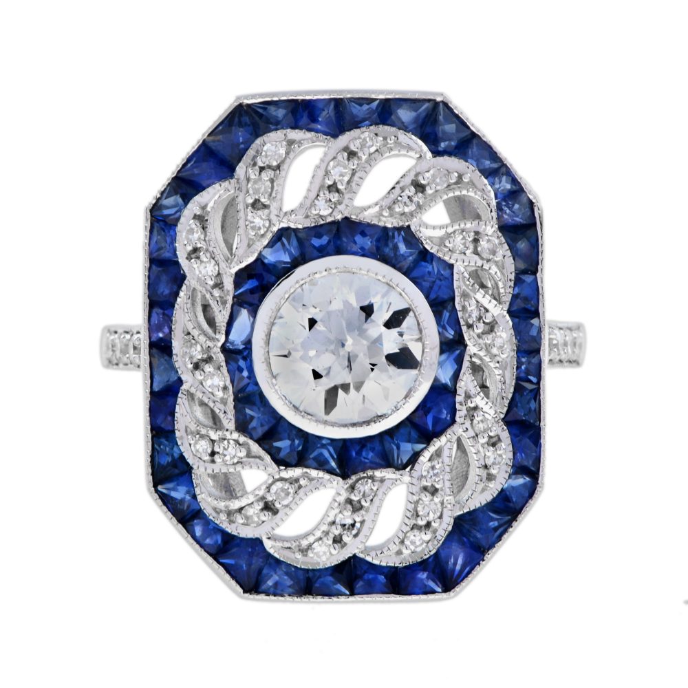 Old Cut 1 Ct. Diamond with Diamond Twist and Sapphire Dinner Ring