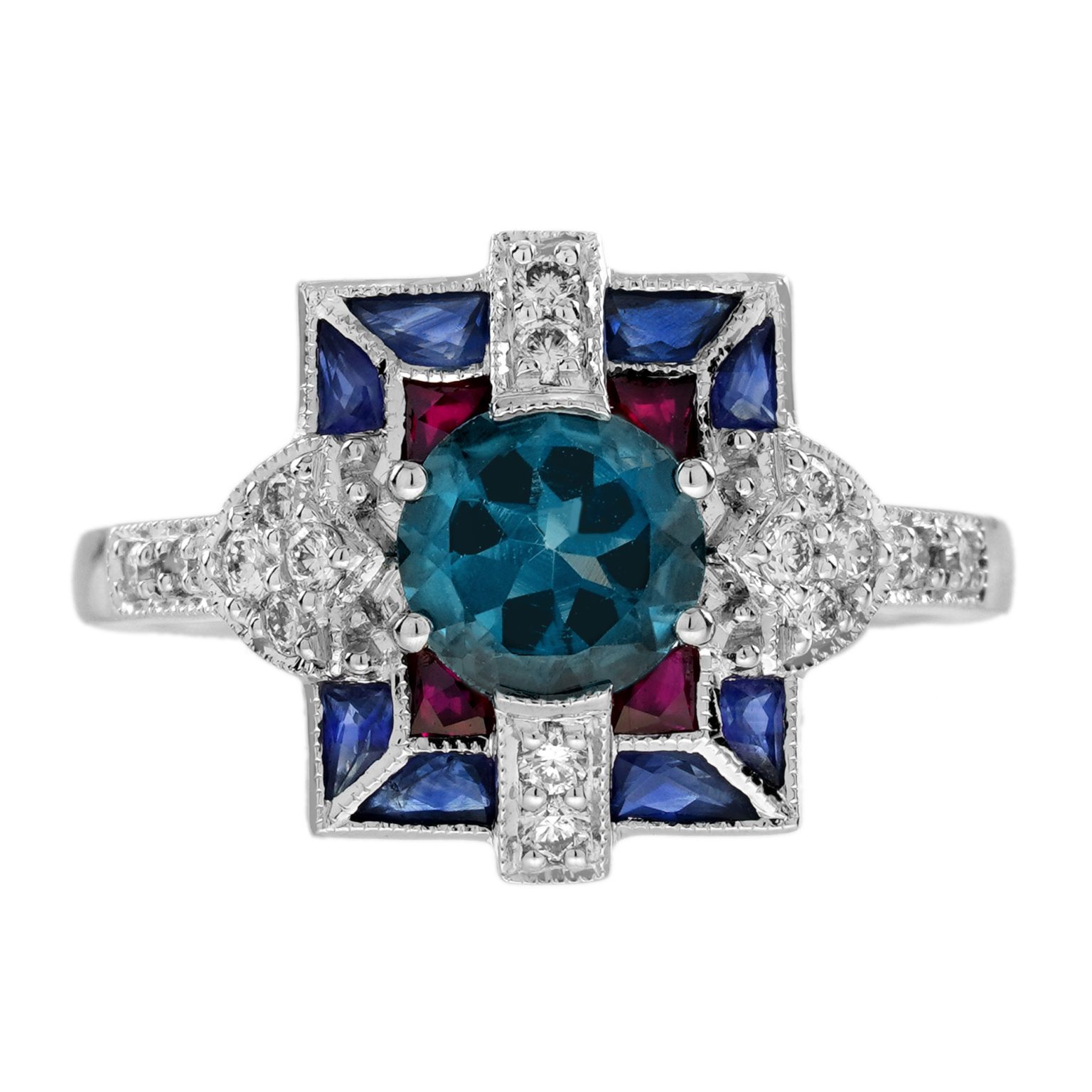 London Blue Topaz Diamond Ruby Sapphire Art Deco Style Ring