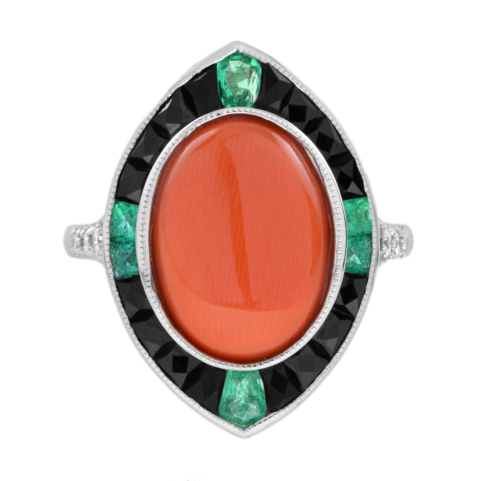4.05 Ct. Coral Diamond Emerald Onyx Art Deco Style Cocktail Ring