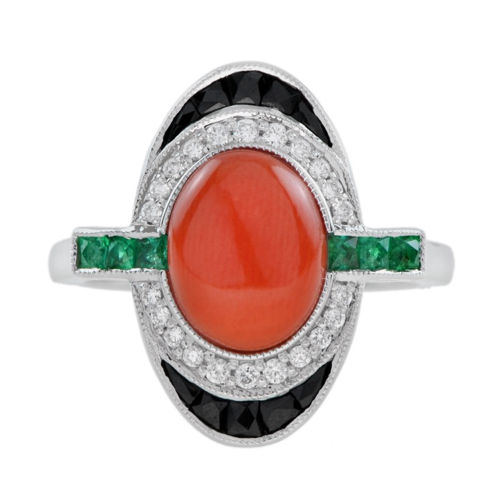 2.4 Ct. Coral Diamond Emerald Onyx Art Deco Style Dinner Ring