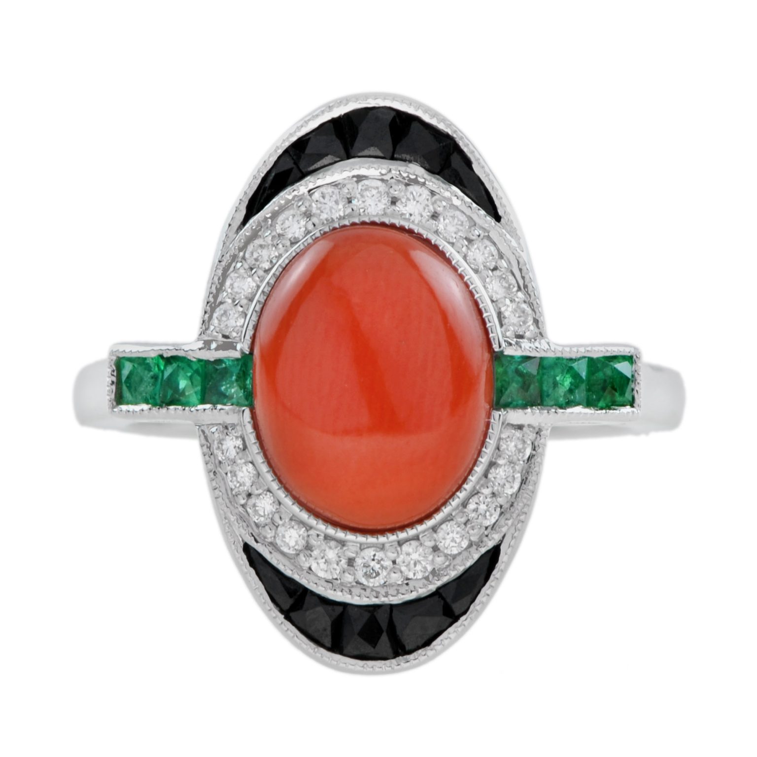 2.4 Ct. Coral Diamond Emerald Onyx Art Deco Style Dinner Ring