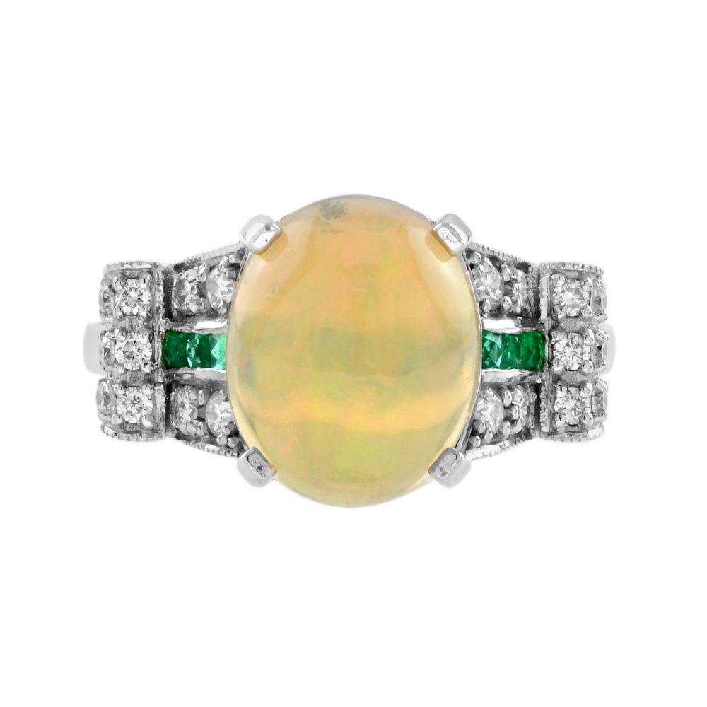 2.46 Ct. Opal Emerald Diamond Art Deco Style Solitaire Ring