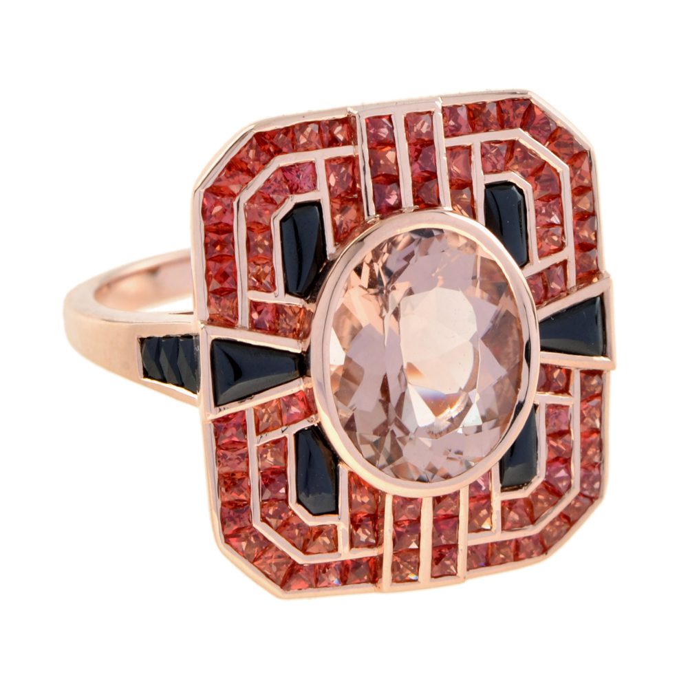 Morganite Onyx Orange Sapphire Art Deco Style Halo Ring