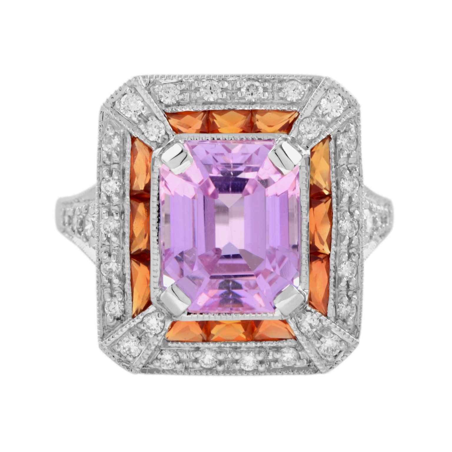Pink Kunzite Orange Sapphire and Diamond Art Deco Style Halo Ring