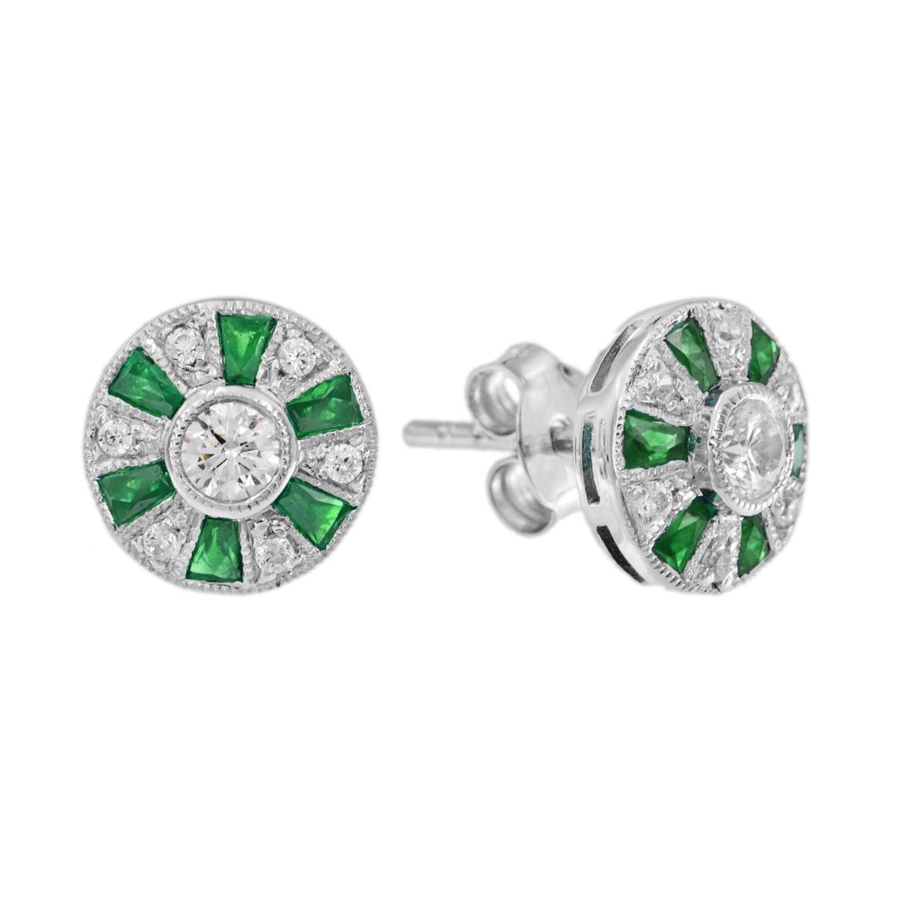 Ferris Wheel Diamond and French Cut Emerald Art Deco Style Stud Earrings