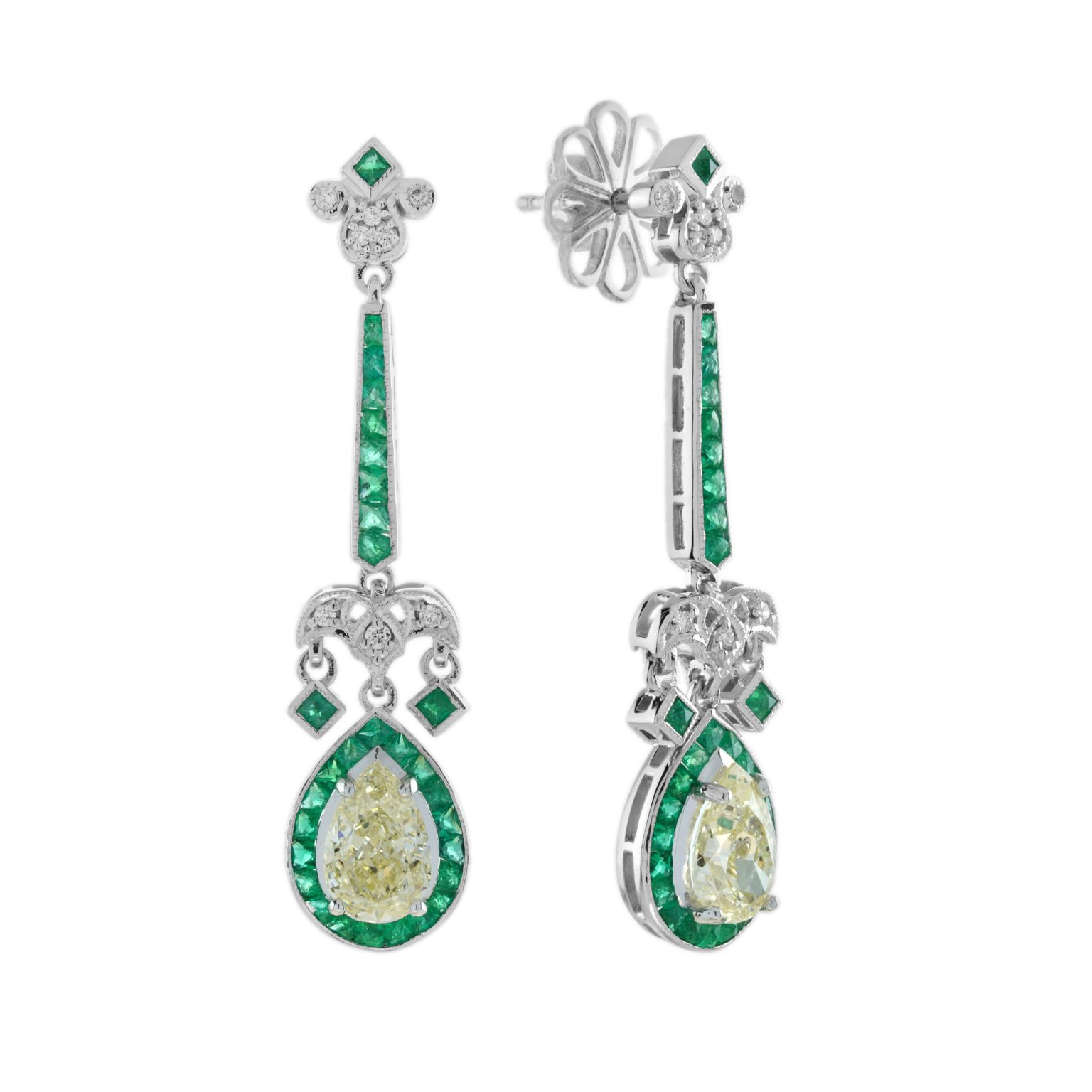 GIA 2.25 Ct. Diamond and Emerald Art Deco Style Drop Earrings