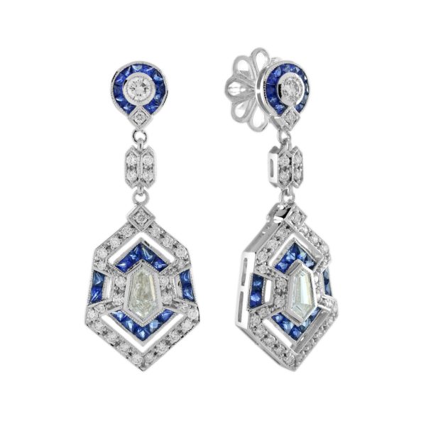 Bullet Shape Diamond and Blue Sapphire Art Deco Style Drop Earrings - Image 8