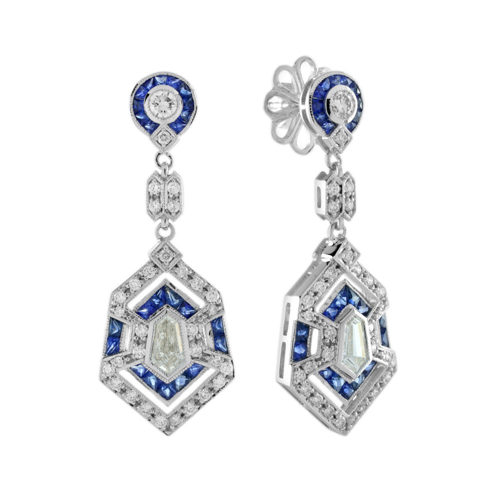 Bullet Shape Diamond and Blue Sapphire Art Deco Style Drop Earrings