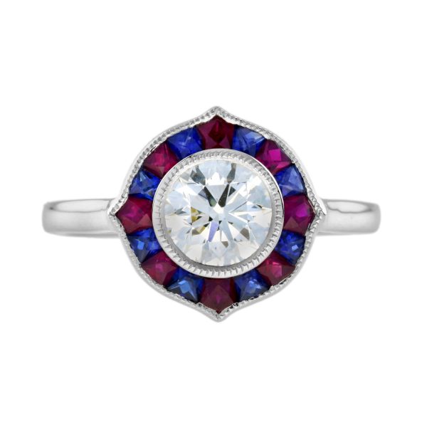 GIA Diamond with Ruby and Sapphire Art Deco Style Engagement Ring - Image 15